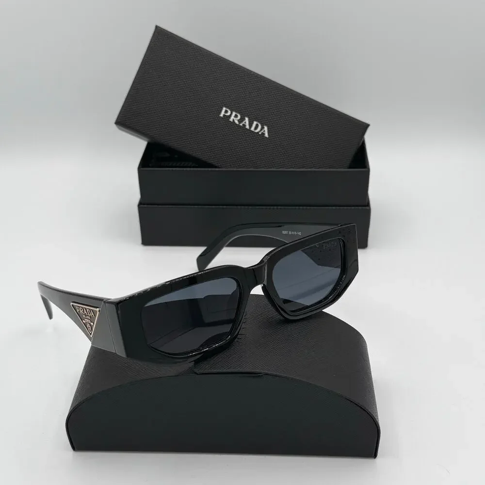 Prada SPR 17W Black Rectangle Sunglasses Gray Lenses 55-18-142 w/ Box Case